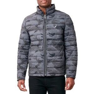 Nautica Black & Grey Camo Reversible Front Zip Puffer Coat Men's